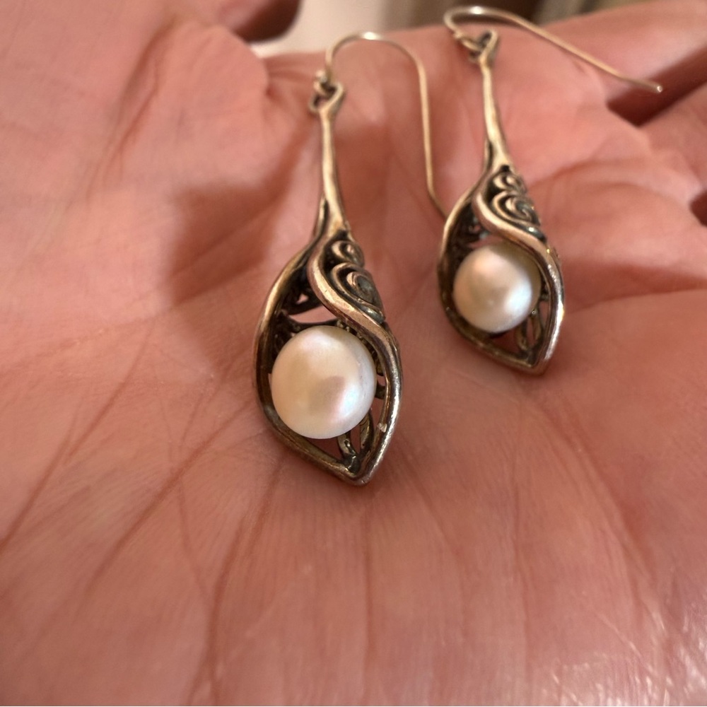 Noa Zuman Israel Sterling silver Filagree Cala Lilly real pearl drop earrings - Picture 12 of 17